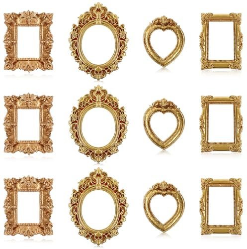 Mini-Bilderrahmen aus Kunstharz, klein, goldfarben, Barock, antiker Schmuckrahmen, 4 Stile, Miniatur-Bilderrahmen, kleiner Gothic-Bilderhalter für Schmuck, Fotografie, Wanddekoration, 12 Stück
