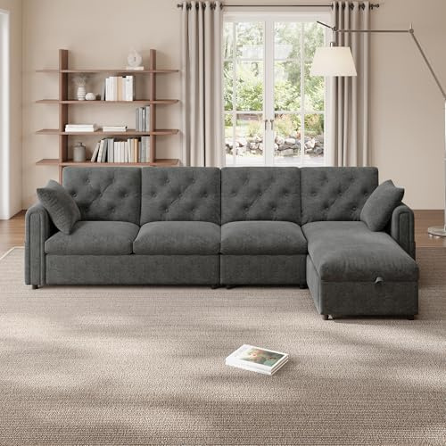 NADEUSAK Moderns Samt Sofa, Grau 130×280cm, Stauraum im Eckbereich,L-förmiger, im Eckbereich Links und rechts verstellbar, Seitliche Armlehnen mit Magazintaschen, Rückenlehne mit Knopfheftung