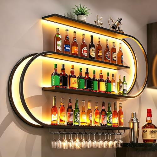 RAJYQODIS Weinregal zur Wandmontage, schwebendes Barregal mit 4 Ebenen, Industriedesign, Flaschenregal aus Metall, für die Heimbar, Esszimmer, Dekoration, Schwarz (150cm)