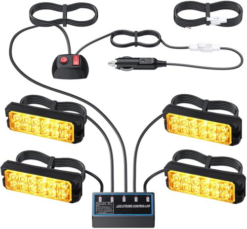 DTEANJU 12LEDS Beacon Flashing Lights,4Pcs Amber Strobe Warning Flash Light