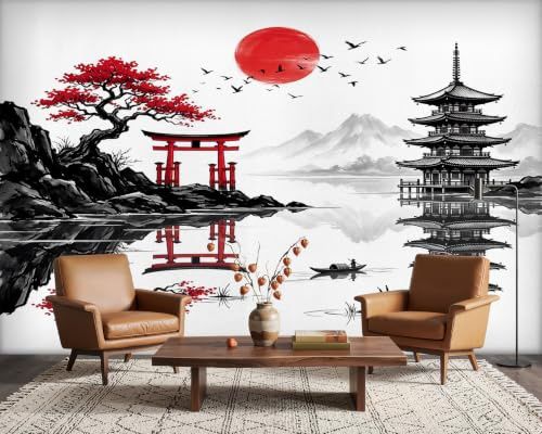 PaxGloz Oriental Landscape Asian Wall Mural, Japanese Pagoda Torii Gate Wallpaper for Living Room & Bedroom, Non-Woven Decorative Wall Art 500x350 cm