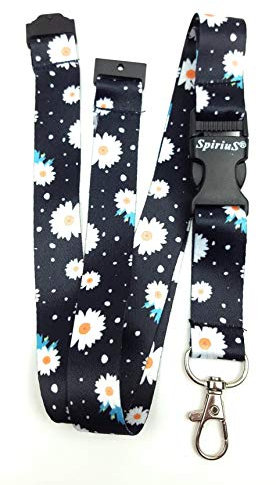 SpiriuS Breakaway Lanyard neck strap for women for id card badge holder with metal clip 2cmx43cm (daisies flowers black)