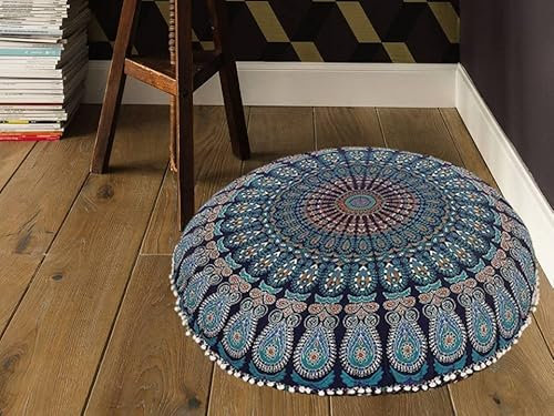 Mandala-Bodenkissen, Meditationssitzung, Ottomane, Überwurf, Hippie, dekorativ, rund, Bohemian-Stil, blau, große Kissenbezüge, Outdoor, Boho-Blumen-Dekor-Designs, Sofa, Pouf für Frauen (nur Bezug)