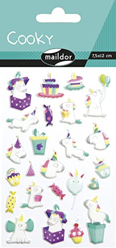 Maildor CY120C - Packung mit 1 Bogen 3D-Aufklebern Cooky, 7,5 x 12 cm, 24 Stickers, 1 Pack, Einhorn Geburtstag
