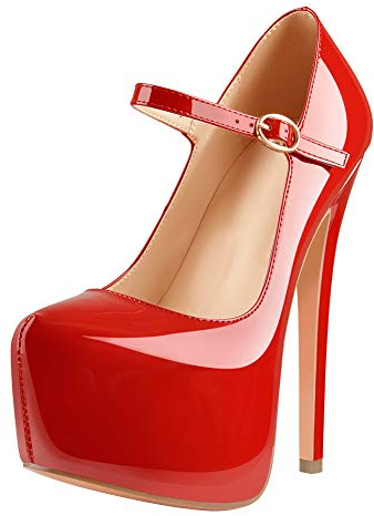 Only maker Damen Mary Jane Pumps Runde Zehen Plateau Stiletto Lack High Heels Knöchelriemchen Schuhe Rot 42 EU
