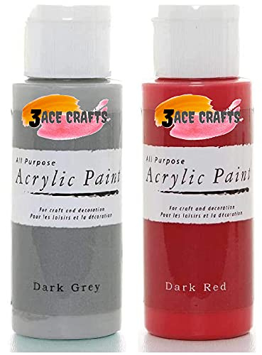 3 Ace Crafts Pack of 2 - Dark Grey & Dark Red - Acrylic Paint 59ml - Decoration Kids, Garden Furniture Ornaments, Outdoor Paints, Air Drying, Modelling Clay, Plastic, Board & Paper
