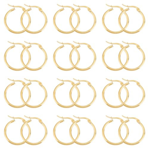 UNICRAFTALE Huggie Ohrringe 12 Paar Creolen aus Gold aus hypoallergenem Edelstahl Brosche 1x0,7 mm Kleine bis große Kreis Ohrringe Set Earwires Komponenten, Diametro 25 mm, Edelstahl