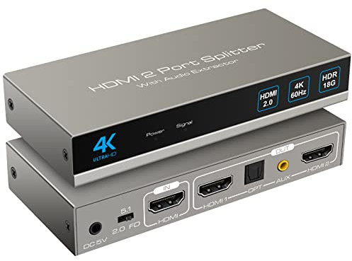 HDMI Splitter Audio Extractor 1 in 2 out 4K60HZ Dual Monitor Adapter with Optical Toslink SPDIF 3.5mm Out for Duplicate Mirror only Supports Auto Downscaling HDCP2.3