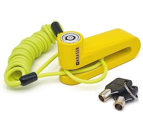 KRASER KR707Y Bloccadisco per Moto, Giallo ø7mm Più Deterrente, Serratura Anti-trapano, Sicurezza Compatta Facile da Trasportare, Lucchetto Antifurto Moto, Scooter, Bicicletta Elettrica, Monopattino
