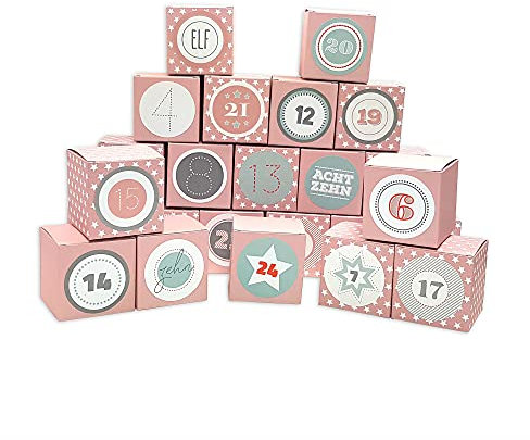 Frau WUNDERVoll® DIY Adventskalender Vorfreude zum Befüllen, Faltschachteln 12x rosa weiße Sterne,12x rosa 7x7x7cm(gefaltet),XL Ziffern pastell/Weihnachten, Würfelbox, Faltverpackung, Schachteln
