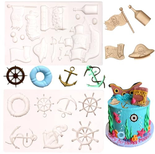 Lot de 2 moules en silicone en forme de bateau de pirate, coffre au trésor, moule à fondant pour décoration de gâteaux, bonbons, décorations de cupcakes
