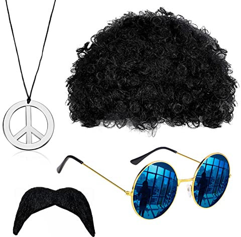 VIKSAUN Hippie Kostüm Set, Mode Afro Perücke, Sonnenbrille, Frieden Zeichen Halskette, Schnauzbart, 60er 70er Jahre Stil für Herren & Damen Fasching Karneval oder auf Festivals Thema Party (4 Psc)