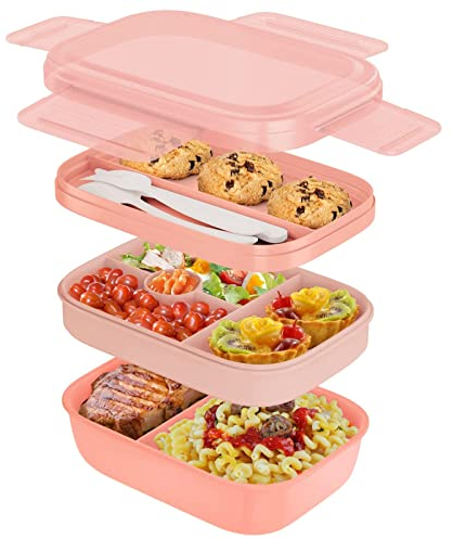 JORTINE Brotdose Lunch Box mit Fächern,1900ML Lunchbox Erwachsene mit 5 Fächern Brotzeitbox Nachhaltig,Jausenbox mit Besteck,BPA-frei Lunch Box für Erwachsene/Kinder Schule Picknick Reisen(Rosa)