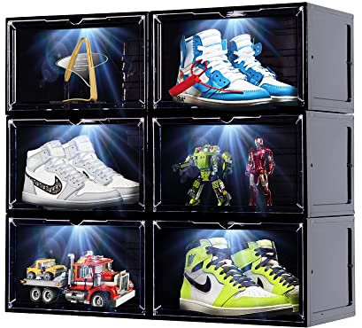 SINUOLIN Schuhbox, Schuhaufbewahrung, Organizer, 6 Stück, LED, transparenter Kunststoff, stapelbar, seitliche Drop-Front-Display, faltbare Sneaker-Behälter, passend für Größe 40 (schwarz)