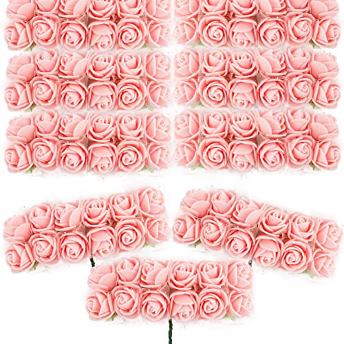 BETESSIN 144 STK. Künstliche Rosen Mini Schaumrosen mit Tüll Fleischrosa Deko Blumen Schaum mit Stiel 2cm Kunstrosen Köpfe DIY Rosenköpfe Künstlich zum Basteln Party Hochzeit Brautstrauß Geschenk
