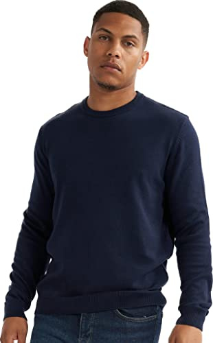 alsestudio Men`s Crewneck Jumper 100% Cotton Premium Quality Soft Touch Long Sleeve Pullover Essential Style Knitted Sweaters for Men Navy-Medium