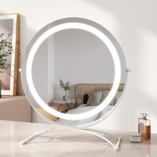 EMKE Schminkspiegel mit Beleuchtung, Φ50CM Smart-Touch Schminktisch Spiegel mit 3 Lichtfarben, Hollywood Spiegel Einstellbare Helligkeit mit Memory-Funktion, 360° drehbar- Weiß