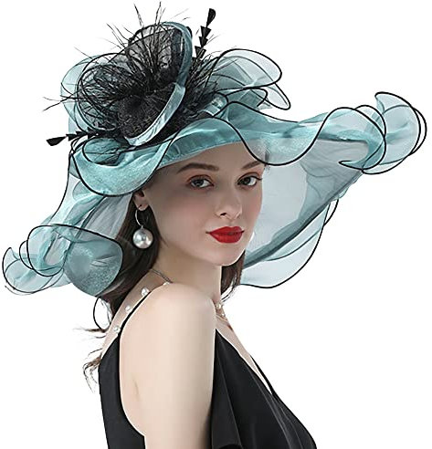 ITODA Fascinator Damen Organza Hut Blumen Feder Sonnenhut Kirche Hochzeit Frauenorganza Elegant Sommerhut Sonnenschutz Strandhut Breit Krempe Organzahut Mesh Damenhut Cocktail Party Pfauenblau