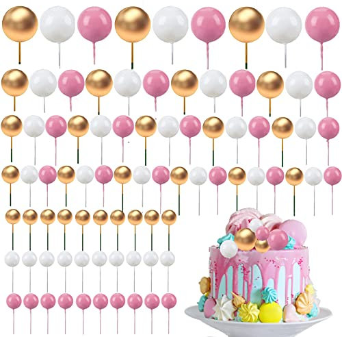 MUFEKUM 84 Pcs Mini Balloon Cake Toppers, Balloon Ball Cake Toppers, DIY Cake Insert Topper Cake Balls Decoration for Birthday Party Wedding Supplies Baby Shower Decor (Pink+White+Gold)