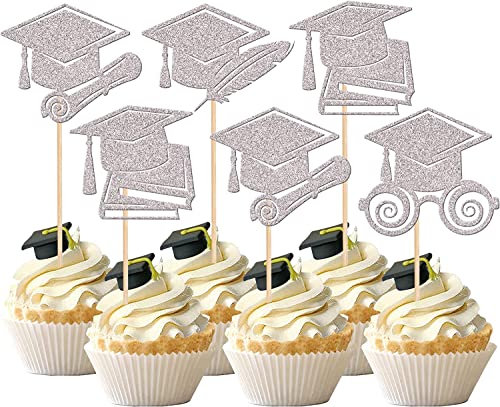 24 Stück Grad 2024 Tortendeko Glitzer Buch Abschlusszeugnis Abschluss Mütze Federkiel Stift Gläser Cupcake Toppers für 2024 Graduierung Thema Schule Party Kuchen Dekoration liefert Silber