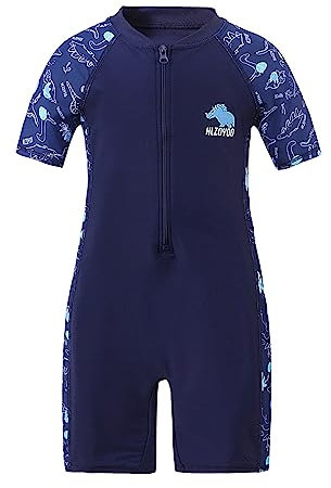 Xumplo Boys Swimming Costume Kids One Piece Swimsuit Short Sleeve Zipper Beach Swimwear Dinosaur Rash Guard Bathing Suit Dark Blue 7-8 Years