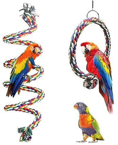 HOMURY 2 Stück Vogel Kletterseil: 150cm Papagei Bunte Spirale Baumwollseil, Durchmesser 18cm Papagei Spielzeug Kreis Ring Schaukel, Kletterseil für Wellensittiche, Nymphensittiche und Alle Vögel