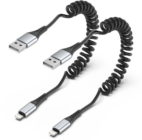 PEAKLIFT Coiled Lightning Cable 2-Pack, Apple CarPlay Retractable iPhone Charger for Car, Compatible with iPhone 14, 13, 12, 11 Pro Max, 10, 8 Plus, XR, SE, AirPods