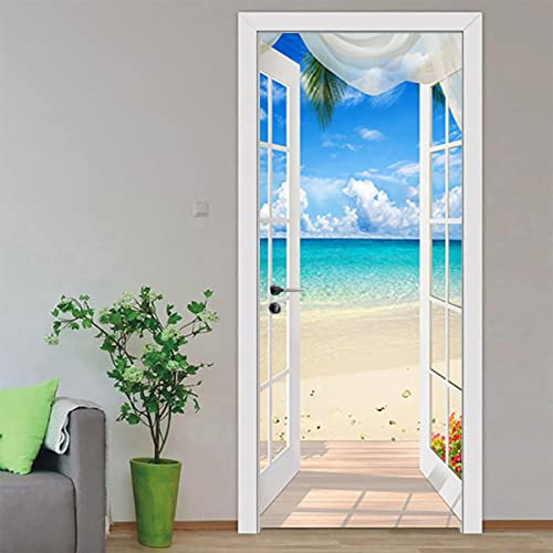Autocollants De Porte 3D 77X200Cm Sticker De Porte Vue Plage Mer Trompe L'Oeil 3D Auto-Adhésif Pvc Imperméable Stickers Muraux Art Poster Vinyle Chambre Cuisine Decoration Murale