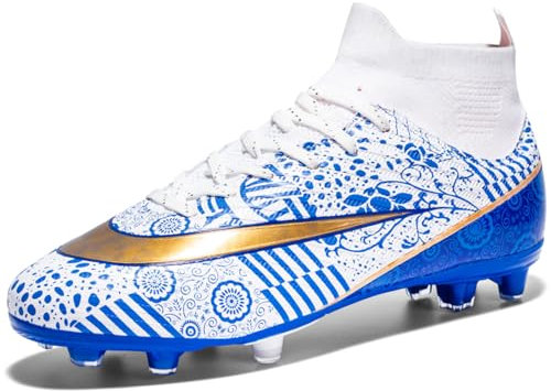 VTASQ Football Boots Boys High Top Spikes Soccer Training Shoes Cleats Profession Athletics Outdoor Competition Breathable Sneakers for Unisex 1White Blue UK 5