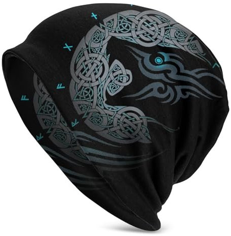 mozigena Herren Viking Celtic Wolf Beanie Hüte, Nordischer Mythos Fenrir 3D-Druck Bonnet Skullies Caps, Warme Dünne Strickmütze für Den Außenbereich,One Size,Wolf 1