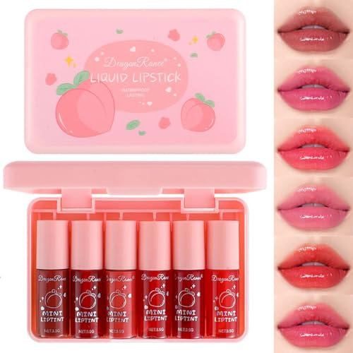 TITIMORE Lip Tint Stain Set 6 Farben Mini Flüssiger Lippenstift Hydrating Wasserfester Moisturiser Lipgloss Langhaftender Lip Stain Glänzender flüssiger Lippenstift Lippenflecken Farbe Makeup
