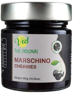 Ved Gourmet Original Schwarze Maraschinokirschen, italienische Kirsche für altmodische vegane Cocktails, Bourbonkirschen in natürlichem Cocktailgarnitursirup (300-g-Glas (1er-Pack))