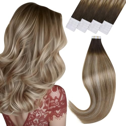 Vivien Extensions Tape in Echthaar Remy Tape in Echthaar Extensions Dunkelbraun Balayage Hellbraun Blond Tape in Extensions Haarverlangerung #3/8/22 35cm 50g 20pcs