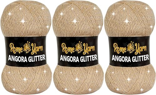 Rome Yarn Angora Glitter Garn | #2 Fine, Sport (USA), 4 ply (UK) | Metallic-Wolle | Glitzerndes Garn zum Stricken und Häkeln Simli Wolle (3 Knäuel, 837 Beige)
