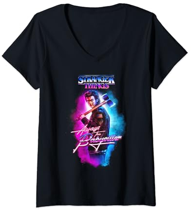 Damen Stranger Things 80er Jahre Airbrush Babysitter Steve Harrington Axe T-Shirt mit V-Ausschnitt