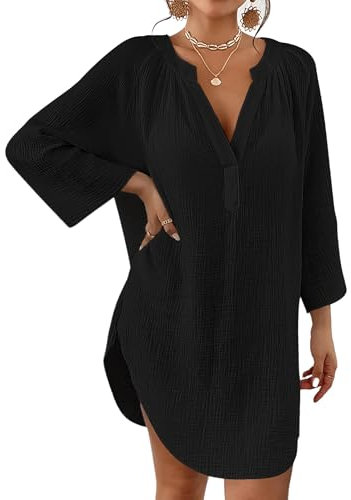 Bsubseach Women Beach Cover Ups Shirt Bikini Swimsuit Blouse Dress Swimwear Bathing Suit Tops Black XL
