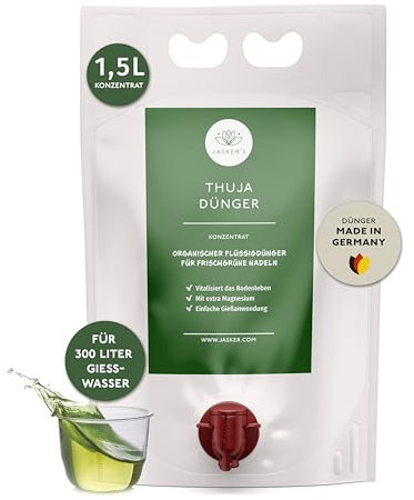 Thuja Flüssigdünger 1.5 Liter Konzentrat - Koniferen Dünger für 300 Liter Gießwasser - 100% Schnelldünger - Organischer Koniferendünger - Kalium für Thuja Smaragd