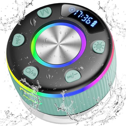 Cassa Doccia Bluetooth 5.3, Cassa Bluetooth Doccia con Luce RGB, IP7 Impermeabile Speaker Bluetooth con Ventosa, 8 Ore Stereo USB-C, Altoparlante Portatile per Bagno Piscina Feste, Verde