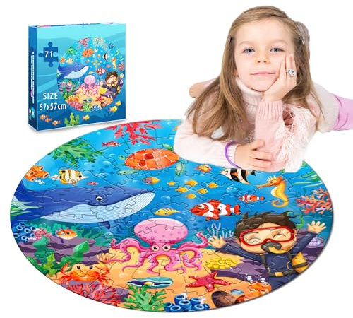 Jigsaw Puzzles for Kids, 71 Piece Ocean Puzzle for 3+ Year Olds, Large Floor Puzzles for Kids age 3-8, Boys Girls Round Circle Jigsaw Puzzles, Puzzle Educational Learning Toys, Underwater World