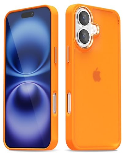oakxco for iPhone 16 Case Clear Hard Shell, Slim Thin Matte Transparent Plastic Cover & Protective Soft Silicone Rubber TPU Bumper, Girly Cute Phone Case for Women Girls, Neon Orange