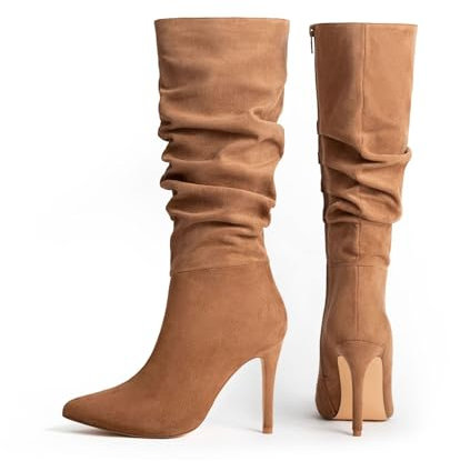 crazynekos Moderni stivali da donna plissettati a metà polpaccio in finta pelle scamosciata a punta con cerniera eleganti tacchi a spillo scarpe color suolo, Marrone, 41.5 EU
