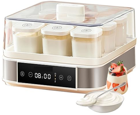 HEGGMKK Yogurtera Automática con 9 Vasos De Cristal, Temperatura Ajustable: 25 °C - 65 °C, Control De Tiempo: 0-99,59 Horas, Botón Táctil, para Yogur Orgánico Casero, Queso, Natto,A