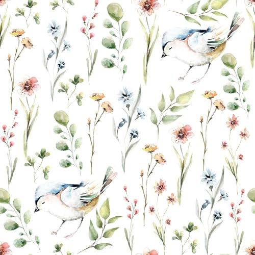ANHUIB Blumen Vögel Tapete Blätter Aquarell Blumentapete Küchenrückwand Schrank Wand Wohnzimmer Schlafzimmer Möbel Dekorfolie Blumen Möbelfolie Badezimmer 44X300CM Tapete Selbstklebende