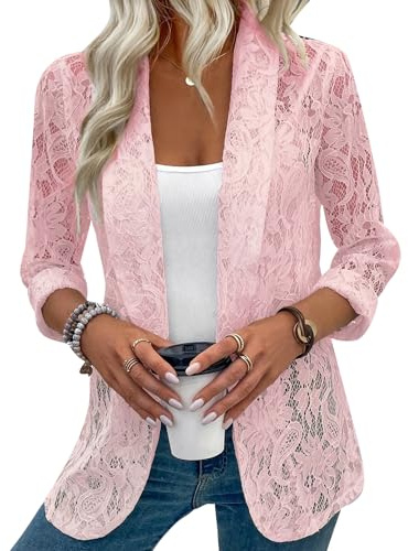 YOUNIFIZ Blazer da donna in pizzo aperto sul davanti manica a 3/4 abbottonatura giù maglia pura blazer giacca casual