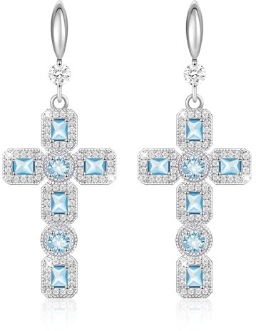 Linawe Kreuz Ohrringe Silber Hängend, Ohrhänger Schmuck Damenohrringe Kristall Ohringe Set, Strasssteine Modeschmuck Tropfen Hängende Ohrringe, Aquamarine Blue Geburtsstein Moissanite
