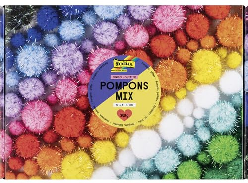 folia 50339 - Pompons Mix JUMBO GLITTER, 300g Pompoms in 12 Farben, ca. 730 Plüschkugeln mit Ø 1,5-4cm, zum Basteln, Verzieren und Dekorieren