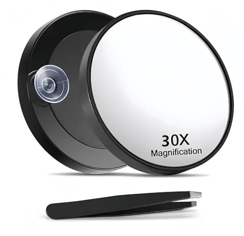 Flycppo Petit Miroir Grossissant 30X,Miroirs de Poche Miroir de Maquillage avec Ventouse et Pincettes Pointues Petit Miroir pour Le Maquillage de Voyage la Taille des Sourcils 8,8 CM