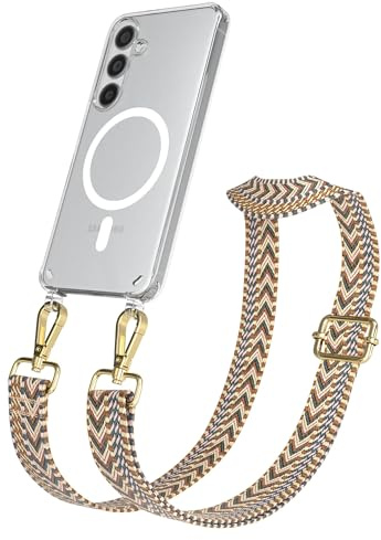EAZY CASE Handykette - Verstellbares Taschenband kompatibel mit Galaxy S24, Schulterriemen, Handykordel mit Silikon Hülle, Qi Charging kompatibel, Umhängetasche, Braun Gold