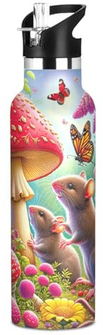 Süße Mäuse, bunte Pilze, Blumen, Schmetterlinge, Wasserflaschen mit Strohhalm-Deckel, isolierte Edelstahl-Wasserflasche für Jungen und Mädchen, 590 ml, doppelwandig, vakuumdicht, auslaufsicher