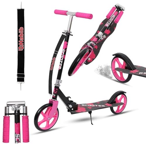 Habib Gruppe Kickroller Kinderroller – Klappbar, 4-Stufig Höhenverstellbar, XXL Räder, bis 80kg Belastbar, Tretroller Kickscooter Cityroller für Groß und Klein - Pink